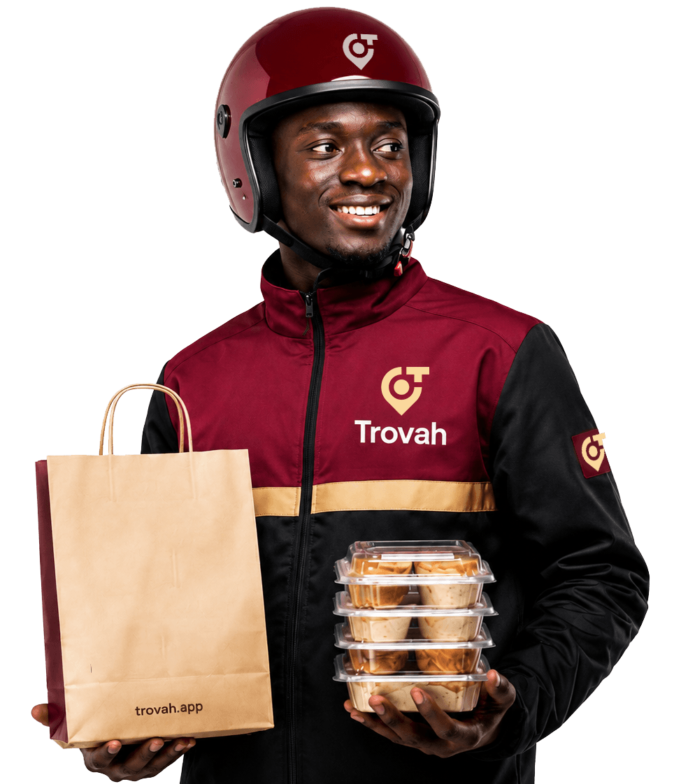 Trovah delivery rider with branded uniform, shopping bag, and food order