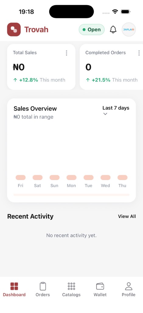 Trovah vendor app dashboard on iPhone 17 Pro Max
